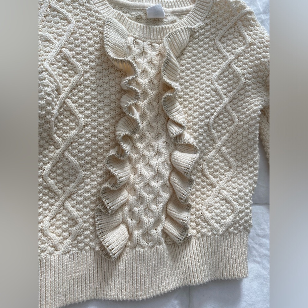 BabyGAP girl size 4 sweater Cream Gold Metallic Textured Knit Sweater ruffle hem - Picture 6 of 15